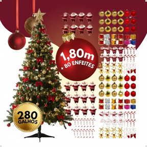 Árvore De Natal 1.80cm Pinheiro Tradicional 200 Galhos Decorada +80 Enfeites